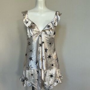 Victoria's Secret Ivory Star-Print Satin Chemise with Ruffle Trim
